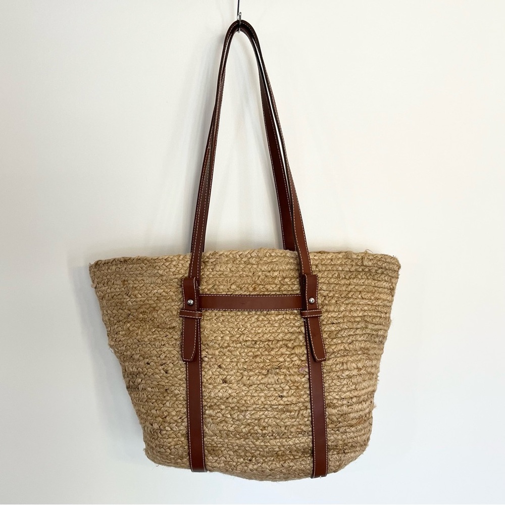 Haute Hippie Straw Tote Bag Purse Tan Brown Faux Leather Straps W. Wallet
